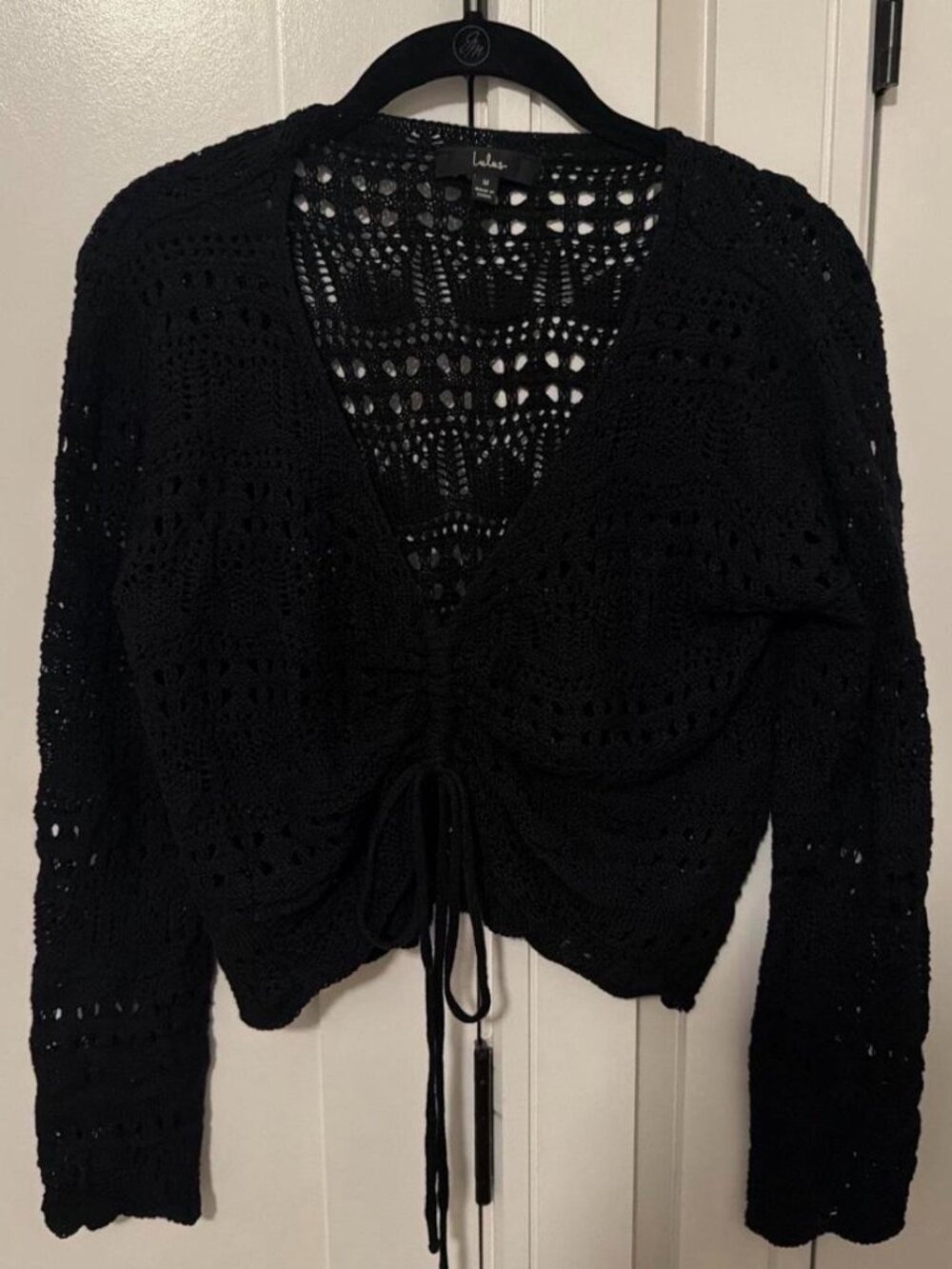 Black crochet cardigan with tie front detail